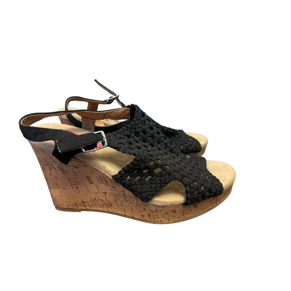 Pop Size 9.5 Womens Black Wedge Sandals with 4" Cork Heel and Buckle Closure - Picture 1 of 11
